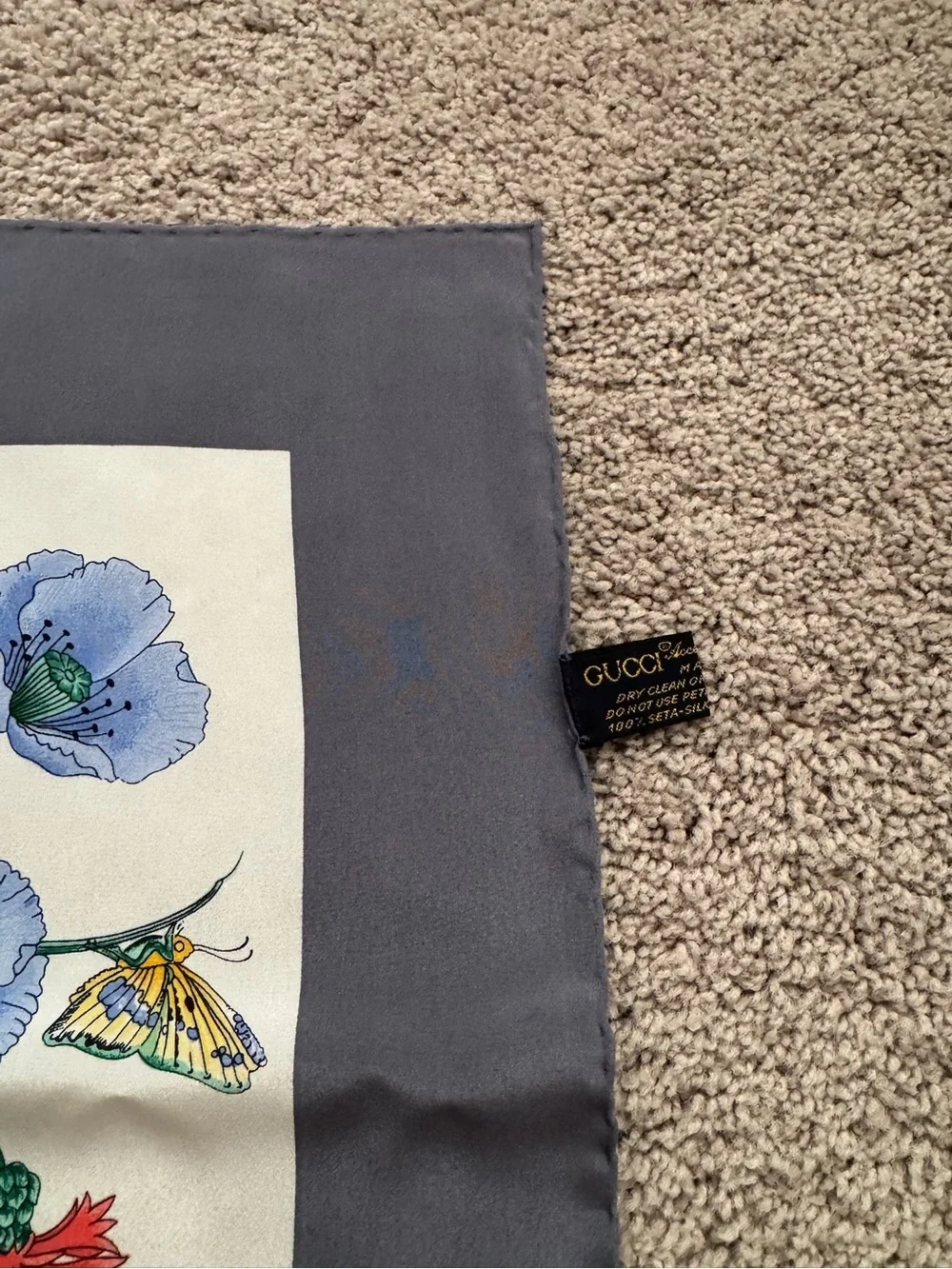Vintage Gucci Floral Silk Scarf with Navy Border